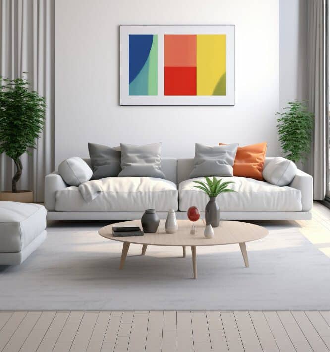 A modern white living room with a stylish couch and two decorative potted plants, creating a tranquil and inviting space.