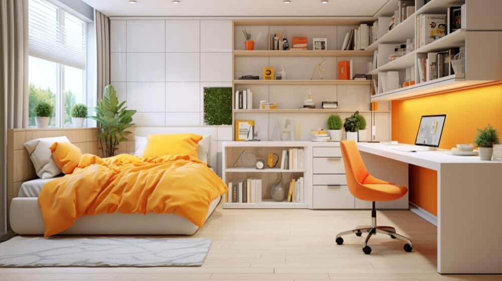 Modern bedroom with a cozy bed featuring premium mattresses & sleep essentials, orange bedding, desk with laptop, shelves with books, and a chair, bathed in natural light.