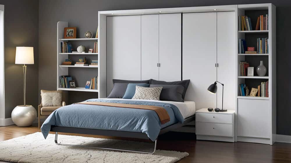 Modern bedroom with a white Murphy bed surrounded by bookshelves, a grey accent wall, and a cozy seating area, complete with premium mattresses & sleep essentials for ultimate comfort.