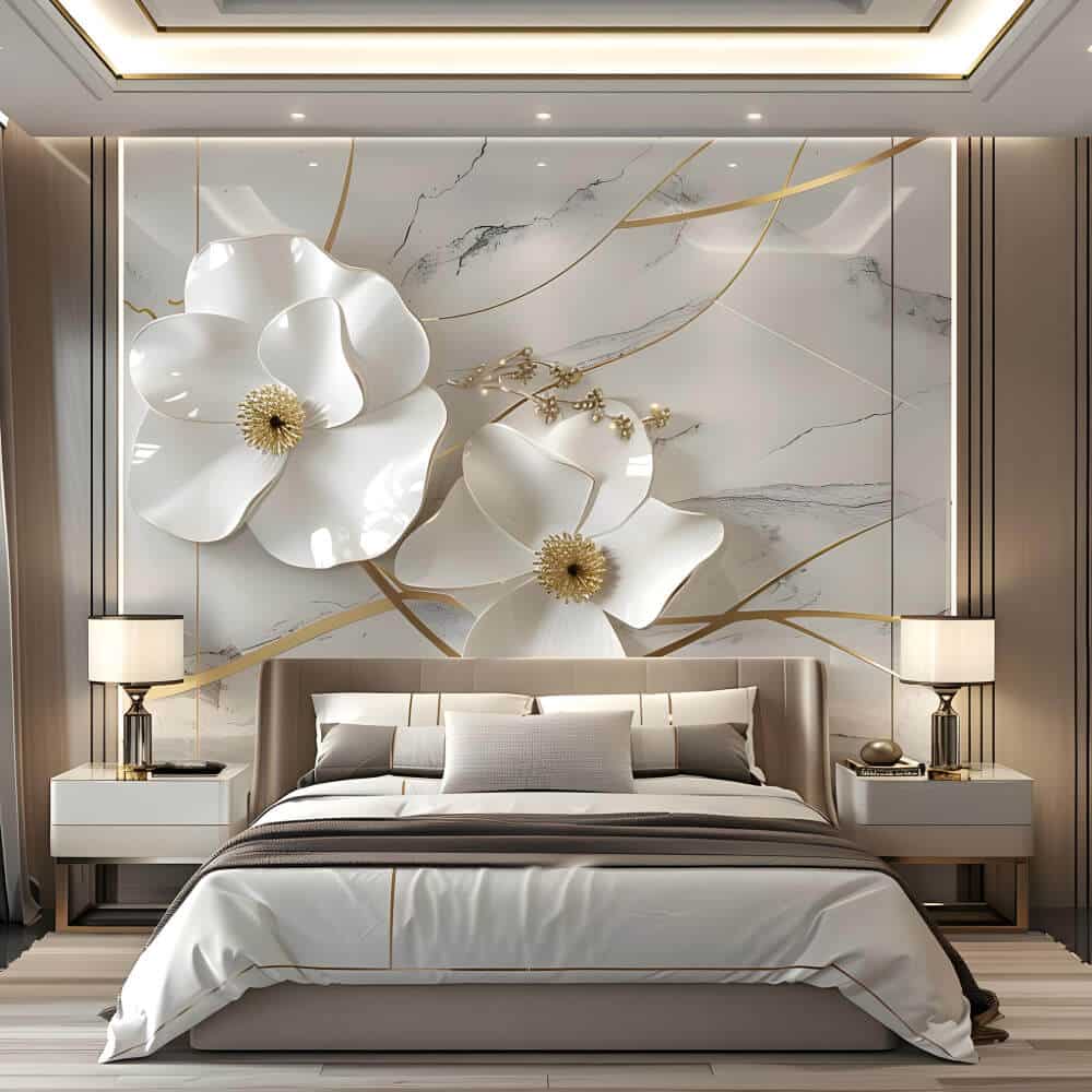 Elegant bedroom with large, white floral wall art behind a bed, flanked by two nightstands with lamps. Featuring a luxurious mattress and sleep essentials for optimum comfort, the room's neutral color palette exudes tranquility.