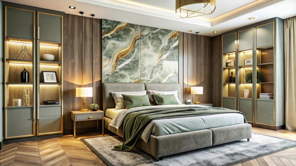 Luxurious bedroom with green and gold accents, modern lighting, large abstract wall art, and a neatly made bed featuring premium mattresses and sleep essentials.