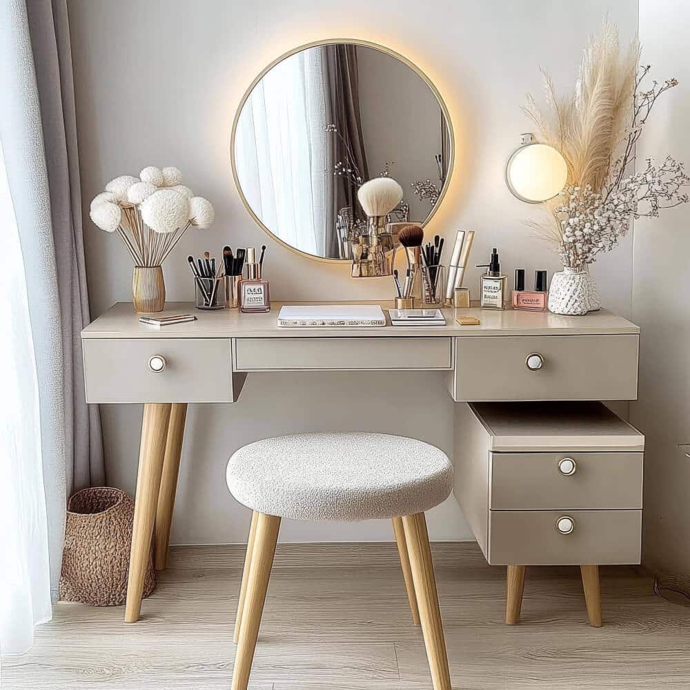 A vanity table with a round mirror, makeup brushes, beauty products, decorative plants, and a cushioned stool adds a touch of elegance to your bedroom ensemble next to your mattresses & sleep essentials.