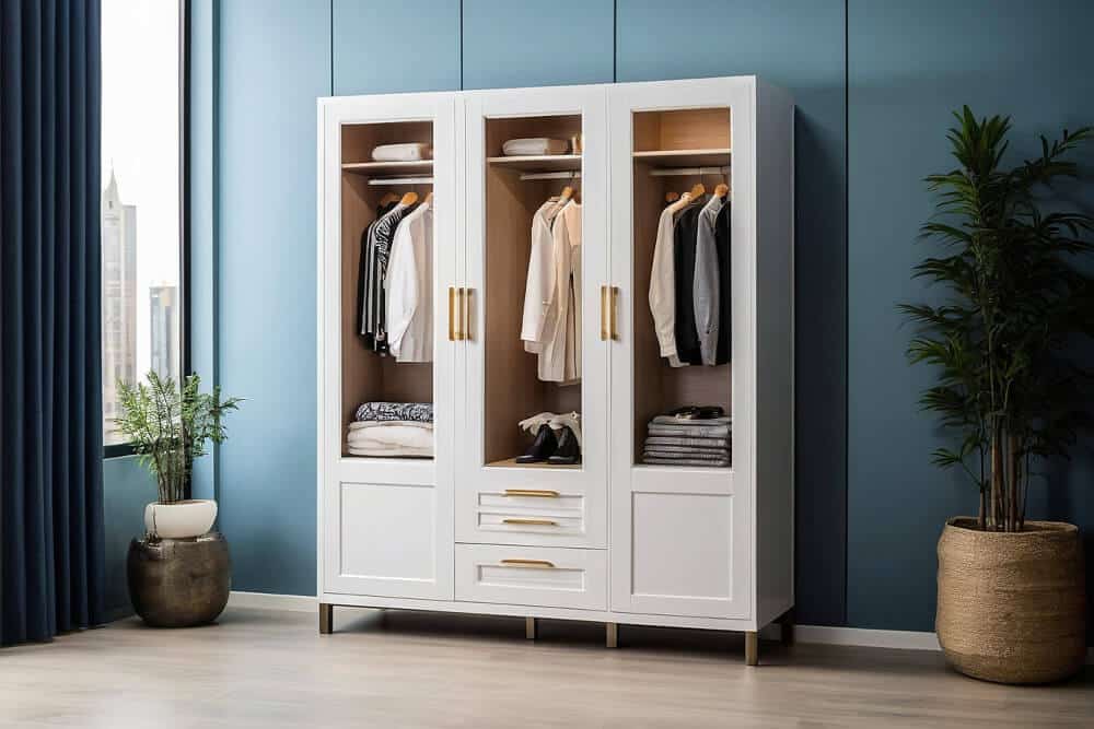 A modern white wardrobe with gold handles set against a blue wall. The wardrobe has three sections: hanging clothes on wooden hangers in the left and right sections, folded clothes and drawers in the middle section. Potted plants to the left and right, creating a serene space for your mattresses & sleep essentials.