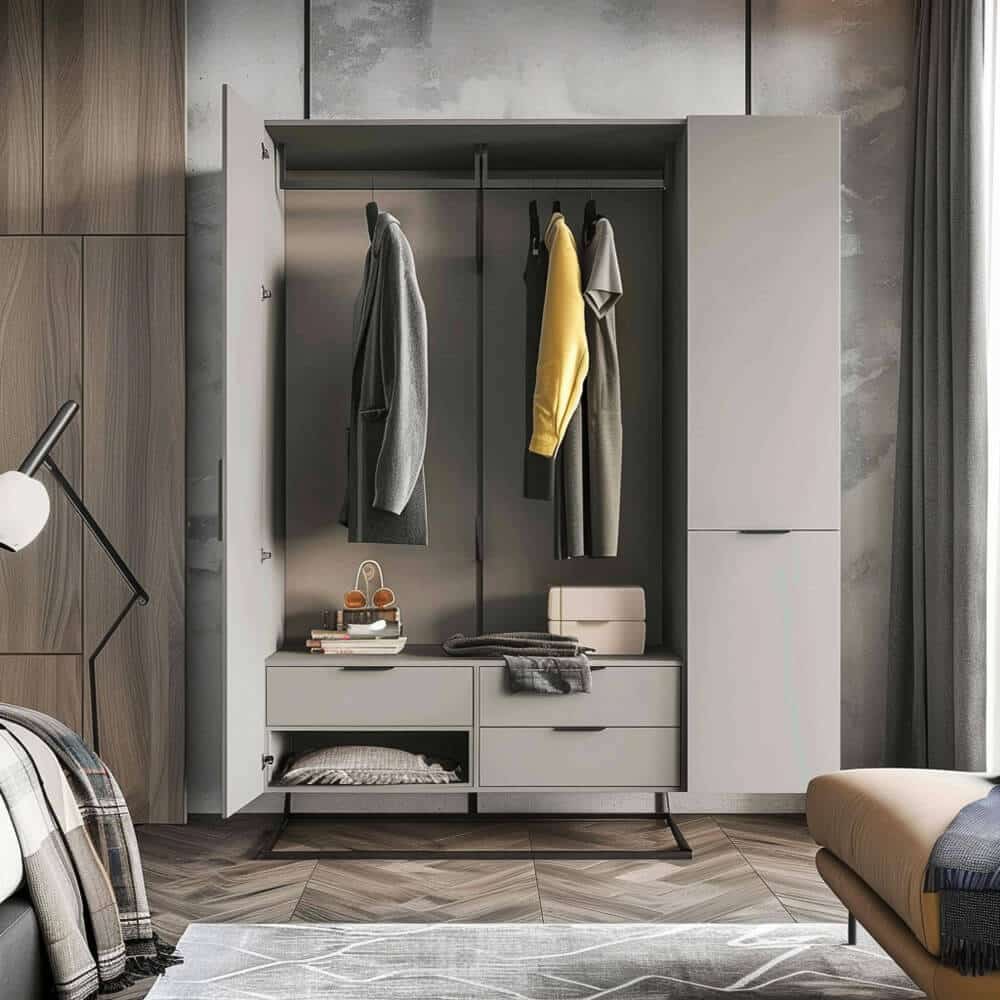 A modern wardrobe with open doors reveals neatly arranged clothing, including jackets and a yellow sweater on hangers. Below, drawers hold a purse and other items. The wardrobe is in a stylish bedroom with wooden paneling, a cozy bed, and essential items like mattresses for utmost comfort.