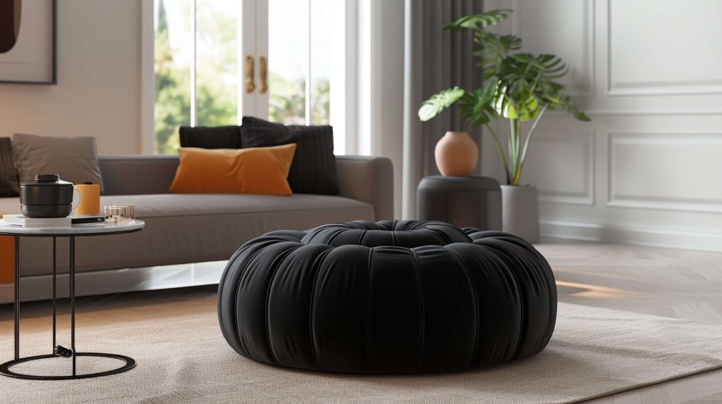 A stylish black ottoman positioned in front of a cozy couch, adding a touch of elegance to the living space.