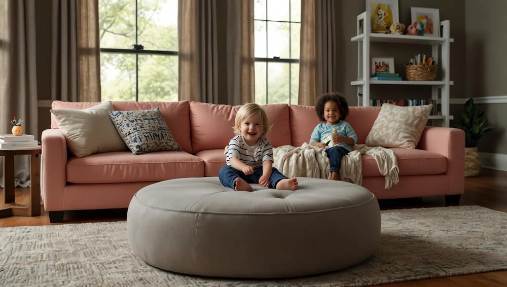 kid sitting in an ottoman