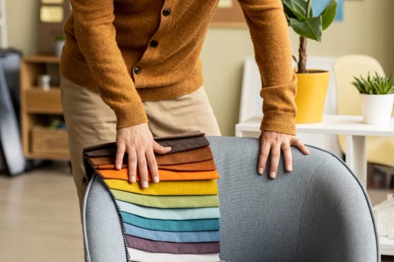 A man choosing the color for sofa fabric