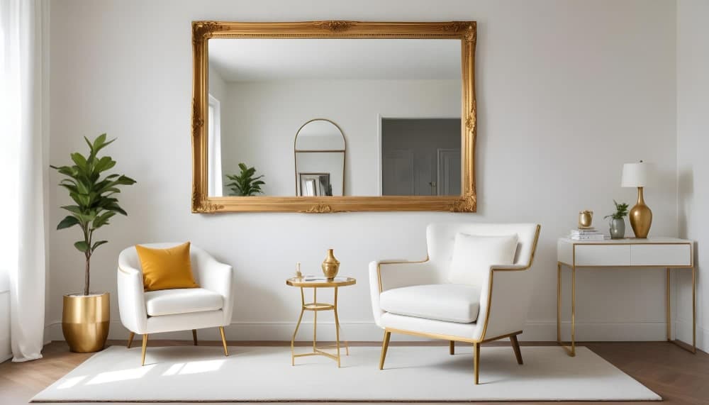 A bright white room featuring a gold mirror and two elegant chairs, creating a stylish and inviting atmosphere.