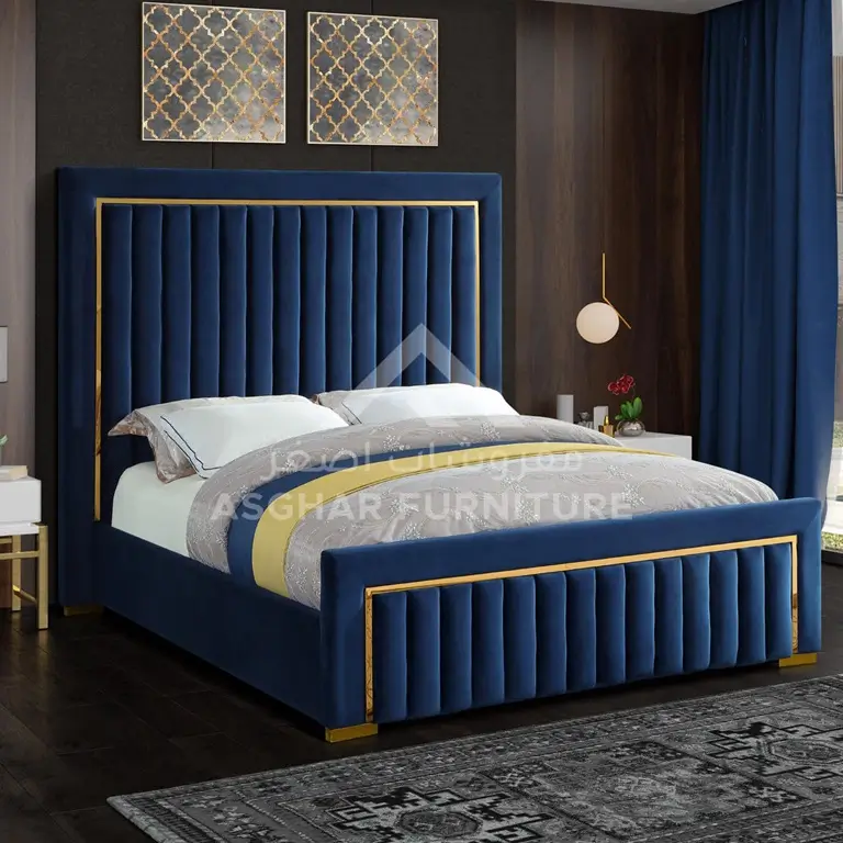 A modern blue velvet bed showcasing elegance and contemporary design.