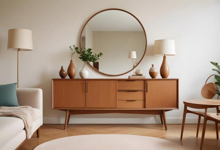 A white sofa paired with a round mirror and a wooden dresser, creating a stylish and inviting living space