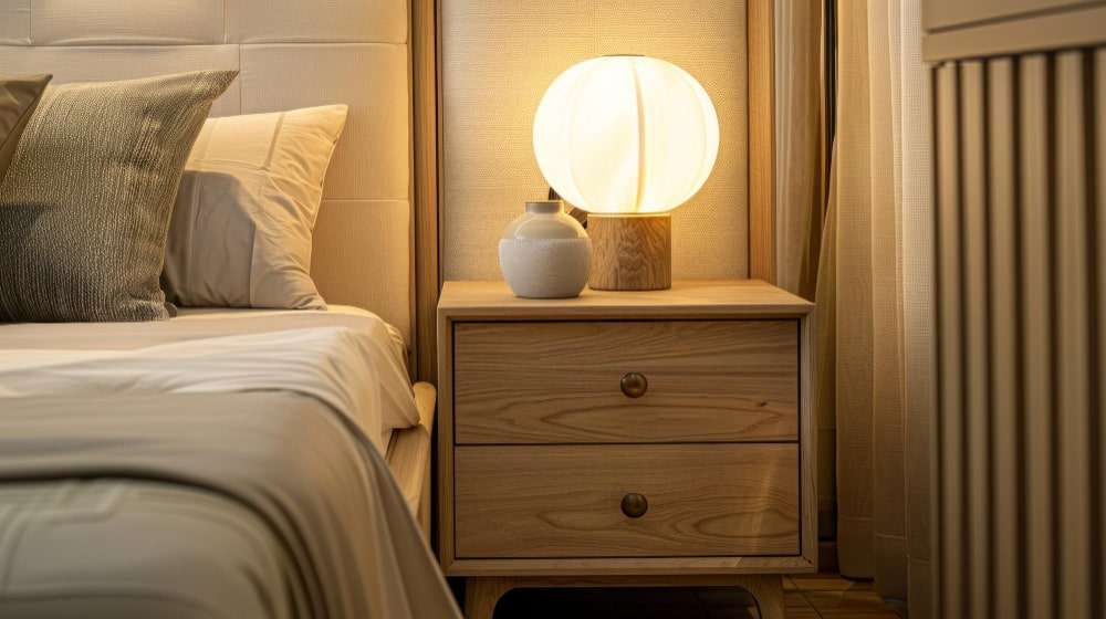 Bedroom Nightstand with Lamp and Vase 