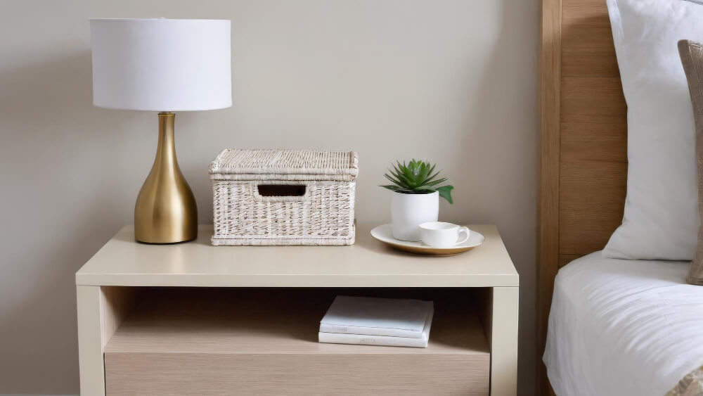 A white nightstand featuring a lamp and a small plant, creating a cozy and inviting bedside atmosphere.