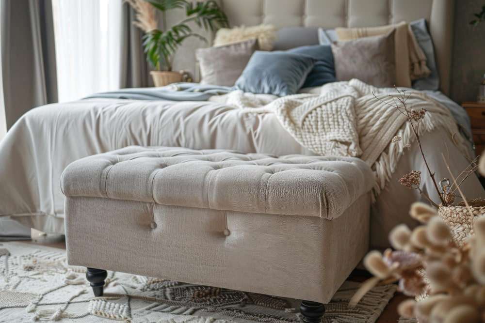 A cozy bedroom with a plush ottoman soft bedding and natural light streaming in.
