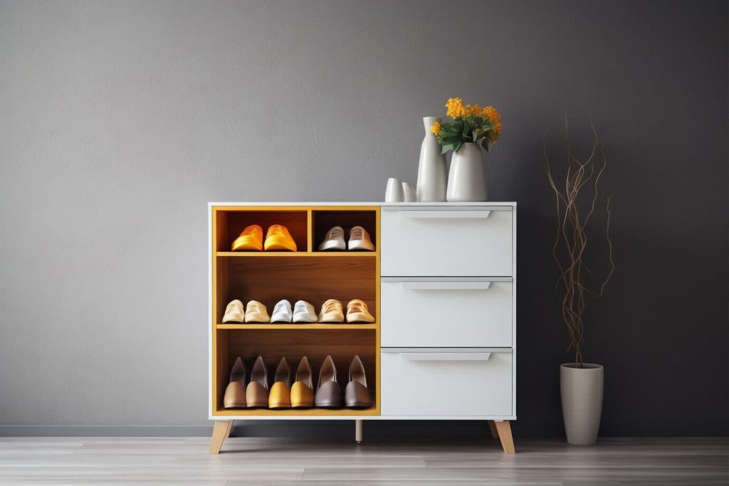 A white shoe cabinet displaying a variety of shoes neatly arranged