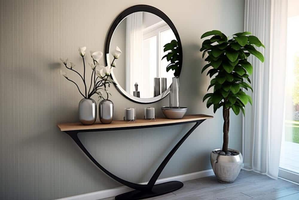 A sleek modern table featuring a stylish mirror and an elegant vase on top.