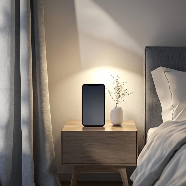 A smartphone rests on a nightstand beside a neatly made bed in a cozy bedroom setting.