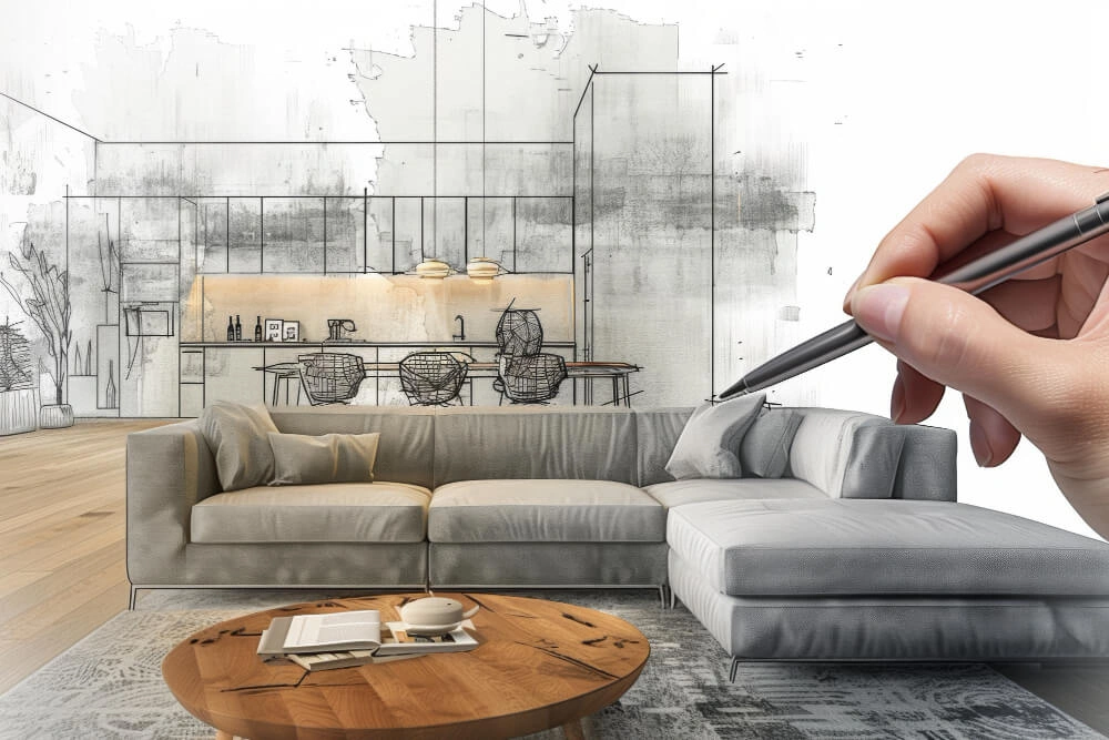 A person creates a sketch of a living room, detailing the layout and furnishings with artistic precision
