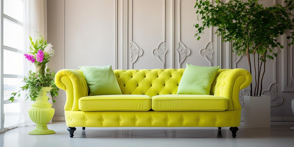 A bright yellow couch positioned against a clean white wall, creating a vibrant and modern living space.