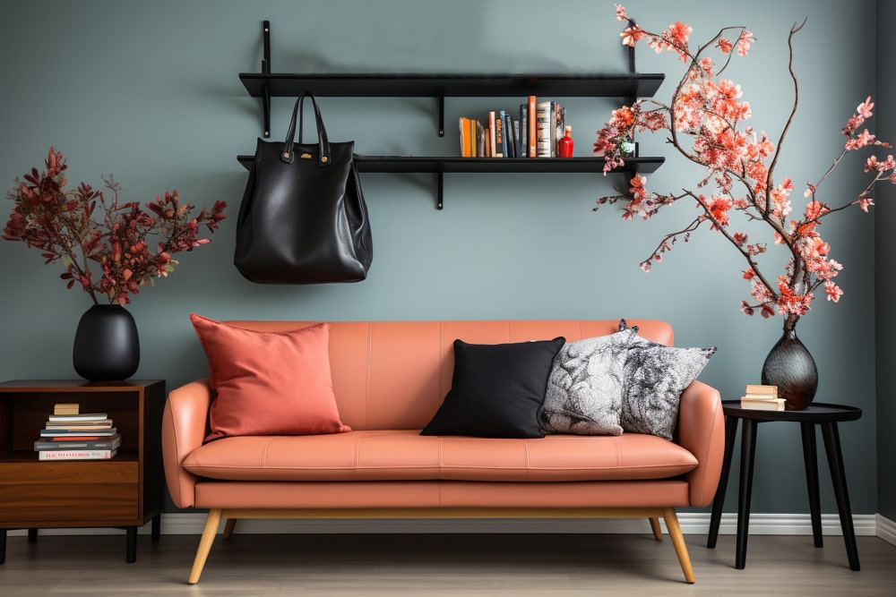 A cozy living room featuring an orange couch, a bookshelf filled with books, and vibrant flowers for decoration.