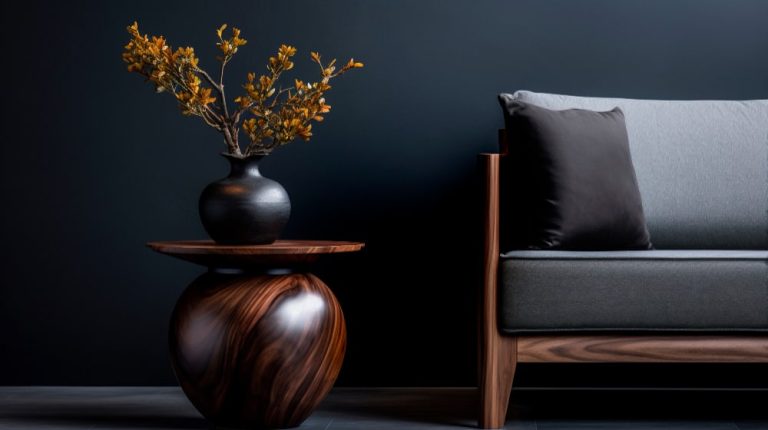 A vase filled with colorful flowers rests on a side table beside a stylish gray couch.