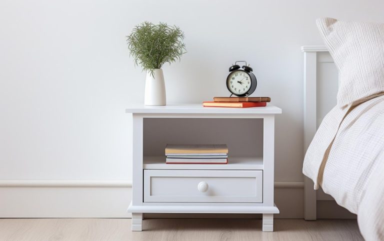 A white nightstand featuring a clock and stacked books, creating a cozy bedside atmosphere.