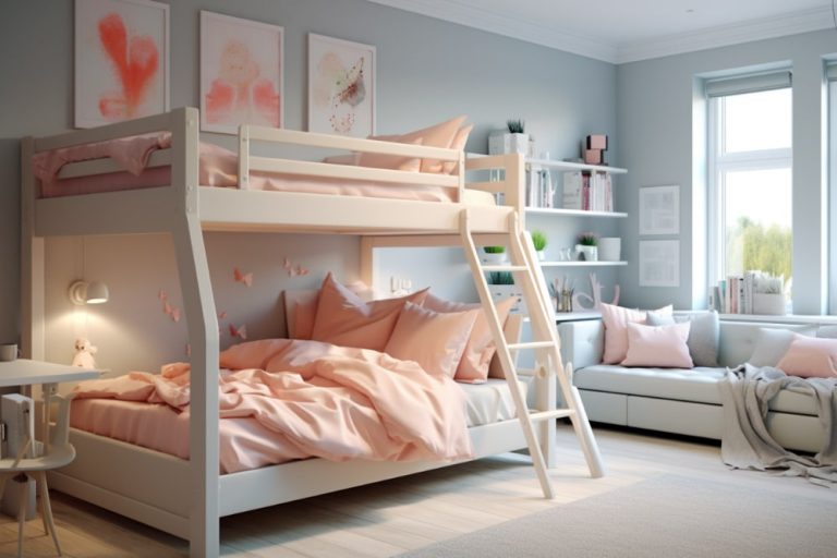 A cozy bedroom featuring a bunk bed adorned with pink bedding, creating a warm and inviting atmosphere.