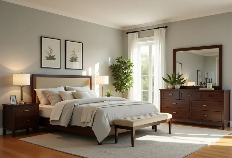 A full bedroom set in modern style, featuring a queen bed, two elegant nightstands, and a spacious dresser with a mirror for a bright look.