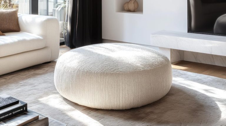 A white ottoman positioned in front of a television, creating a cozy living room setting.