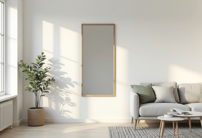 A living room features a rectangular statement mirror that adds brightness and style to the space.